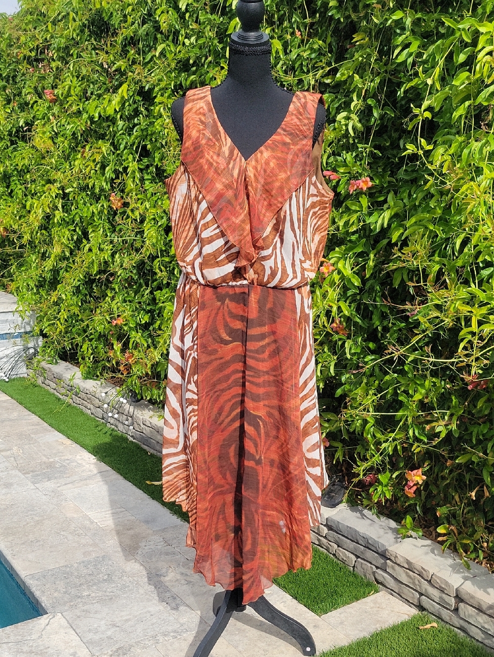 Brown and Cream High Low Animal Print Flowy Jungle  Dress 16